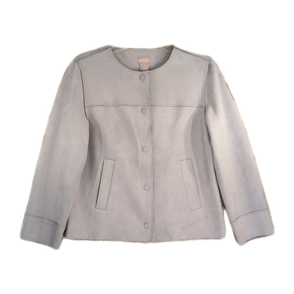 Chico’s Women’s 0 US Small Scuba Suede Jacket Blue‑Grey Snap Front Minimalist